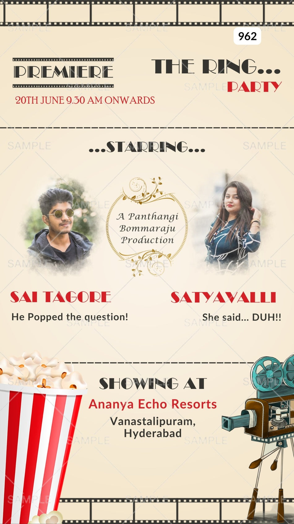 Engagement ceremony invitation card Canva Editable Template in english language with couple photo, popcorn cup as classic theme design 962