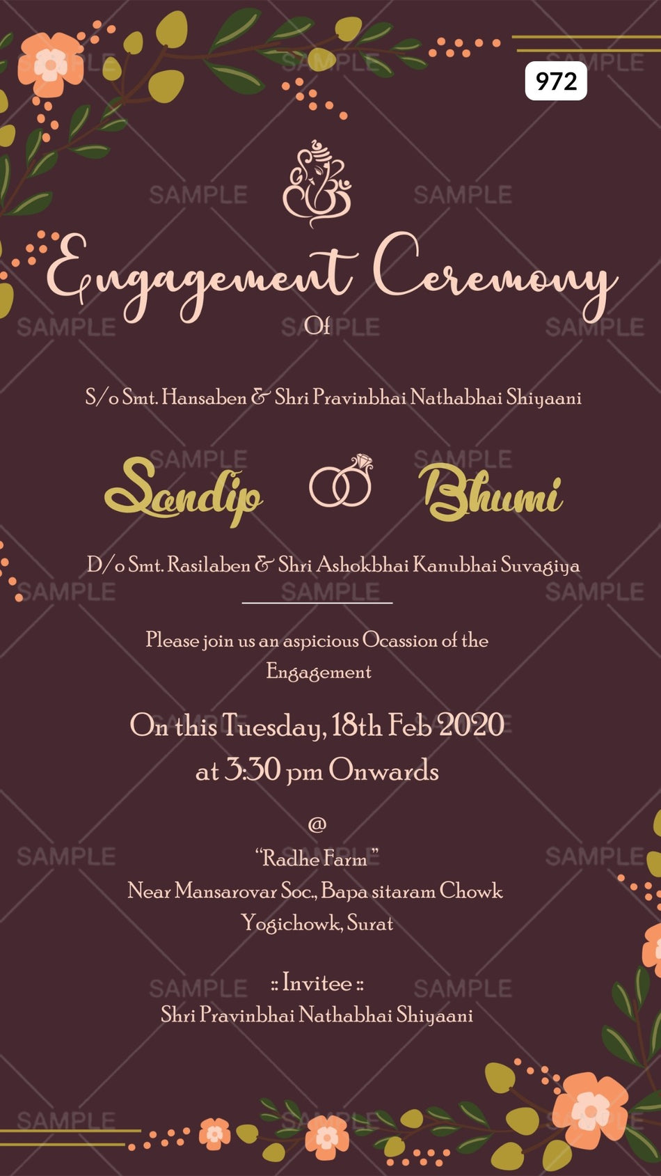 Engagement ceremony invitation card Canva Editable Template in english language with flowers, leaves, ring as golden frame theme design 972