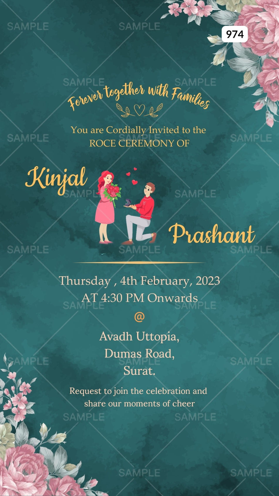 Roce ceremony invitation card Canva Editable Template in english language with flowers, romantic couple doodle as floral theme design 974