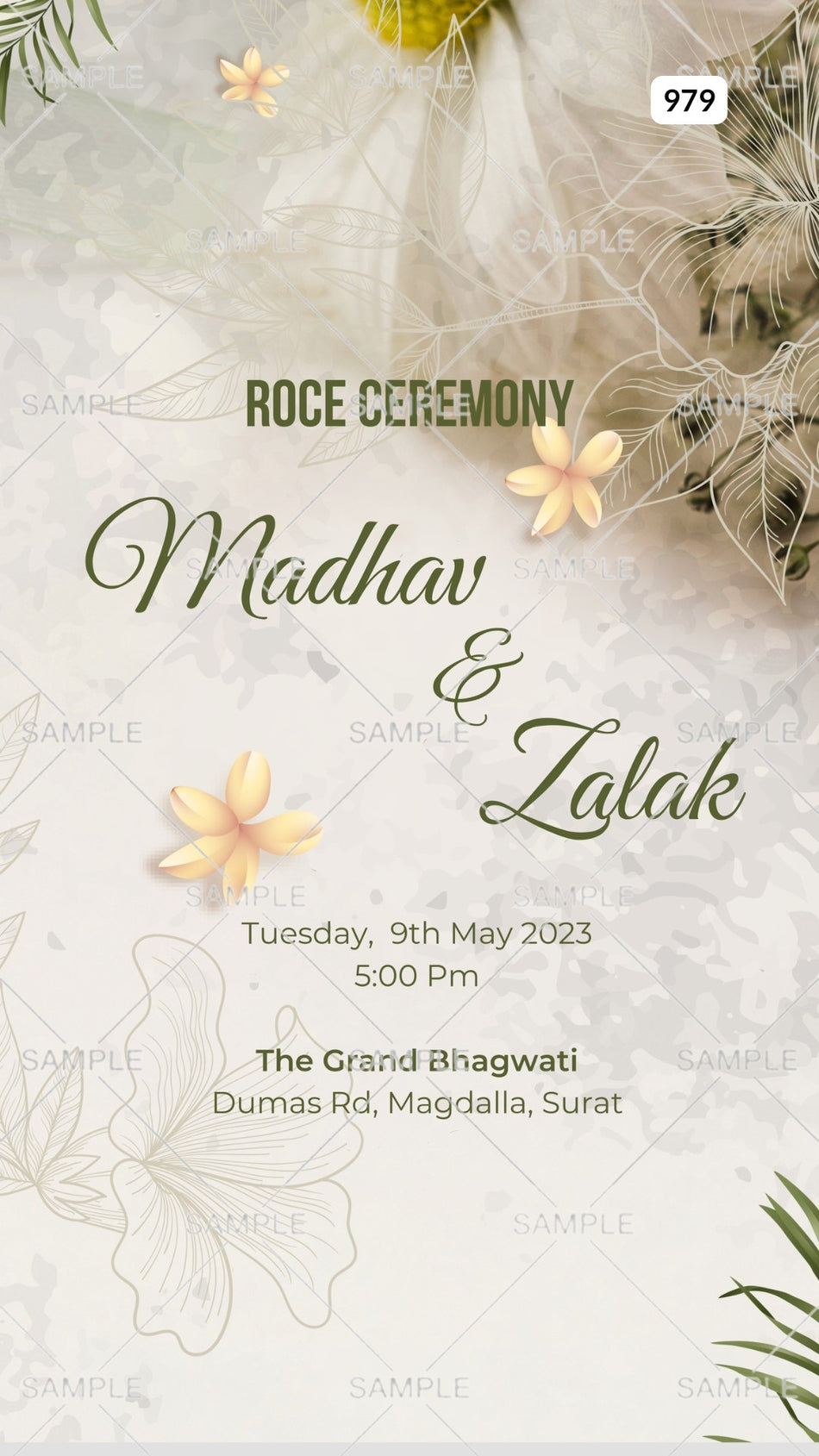 Roce ceremony invitation card Canva Editable Template in english language with flowers, leaves as artistic floral theme design 979