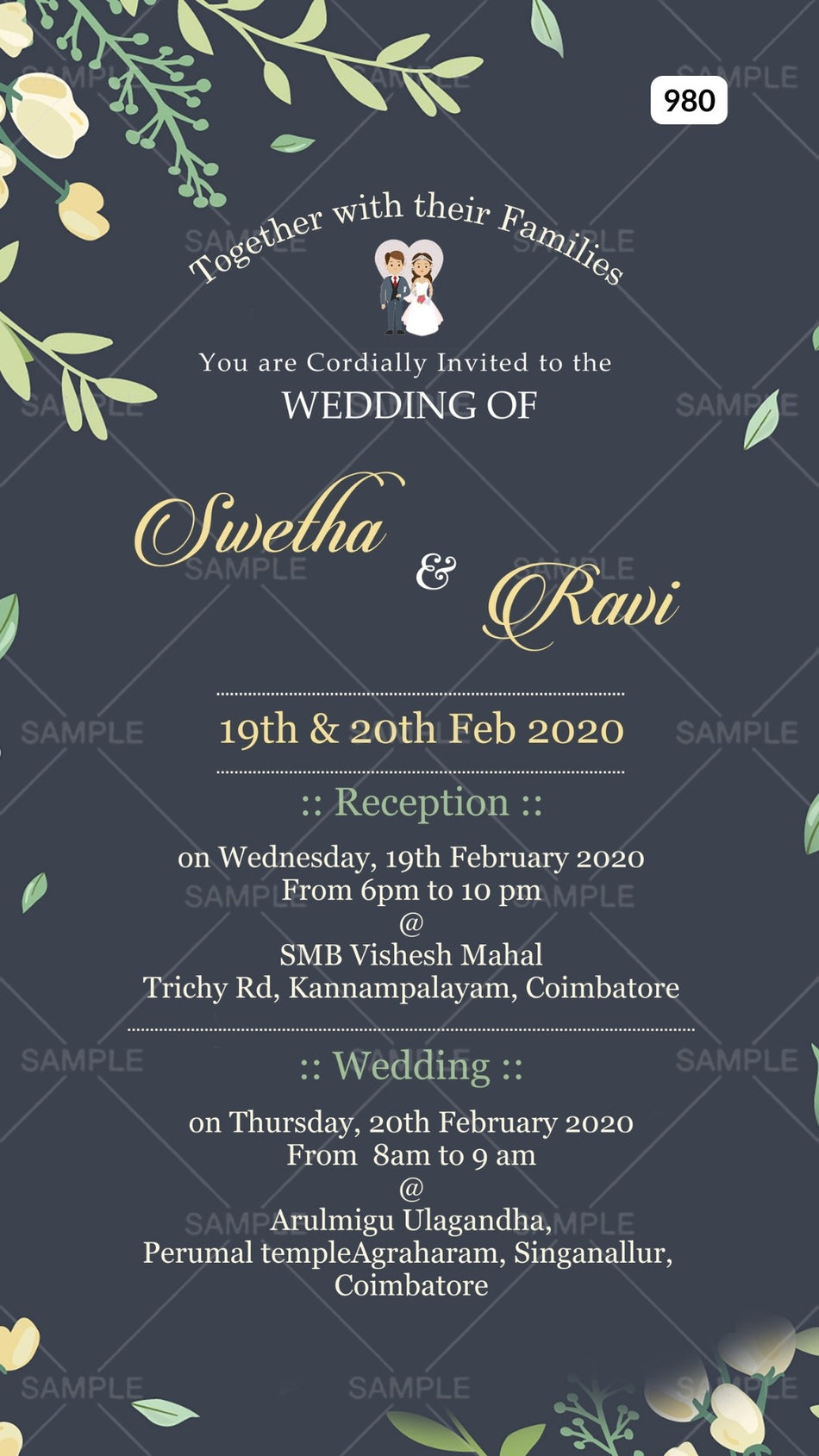 Wedding ceremony invitation card Canva Editable Template of hindu south indian tamil family in english language with Artistic leaves theme design 980
