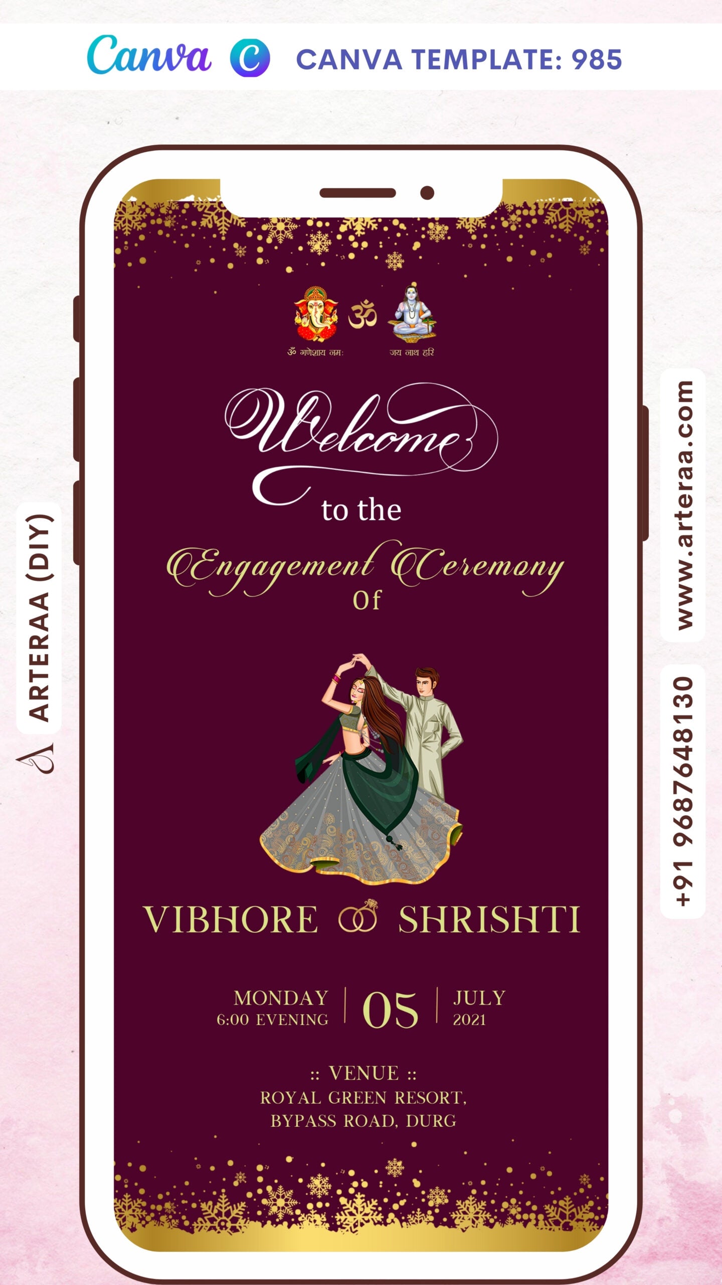 Engagement ceremony invitation card Canva Editable Template in english language with couple doodle as shining theme design 985