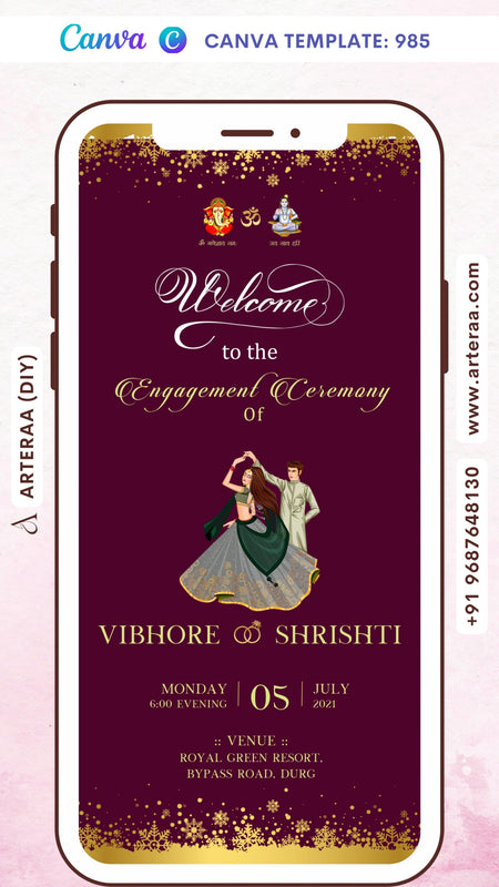 Engagement ceremony invitation card Canva Editable Template in english language with couple doodle as shining theme design 985