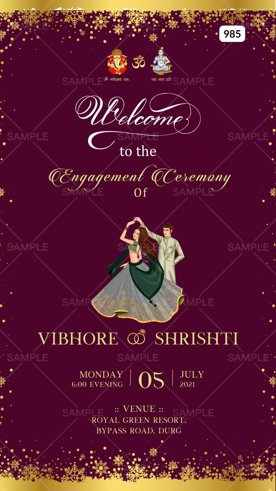 Engagement ceremony invitation card Canva Editable Template in english language with couple doodle as shining theme design 985