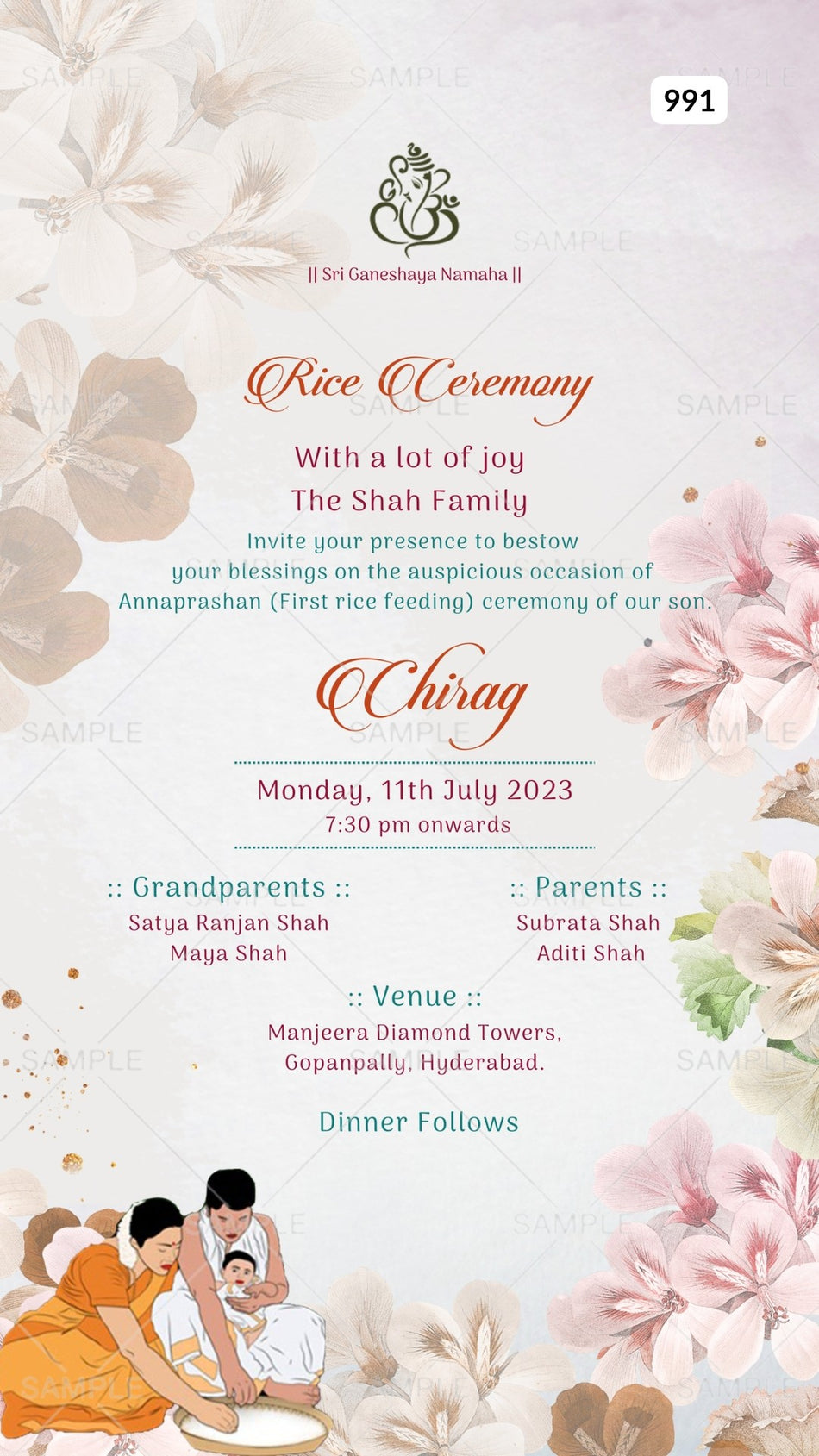Annaprashan ceremony invitation card Canva Editable Template in english language with rice feeding doodle, flowers as floral theme design 991