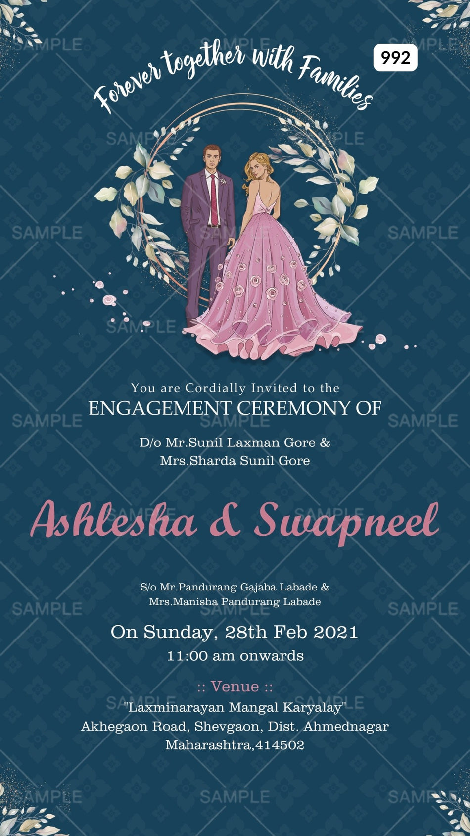 Engagement ceremony invitation card Canva Editable Template in english language with round frame as artistic leaves theme design 992