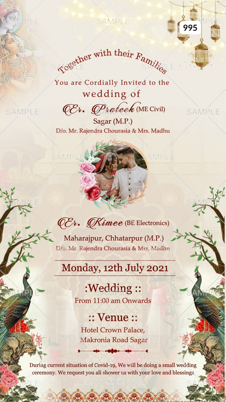 Wedding ceremony invitation card Canva Editable Template of hindu south indian malayali family in english language with traditional theme design 995