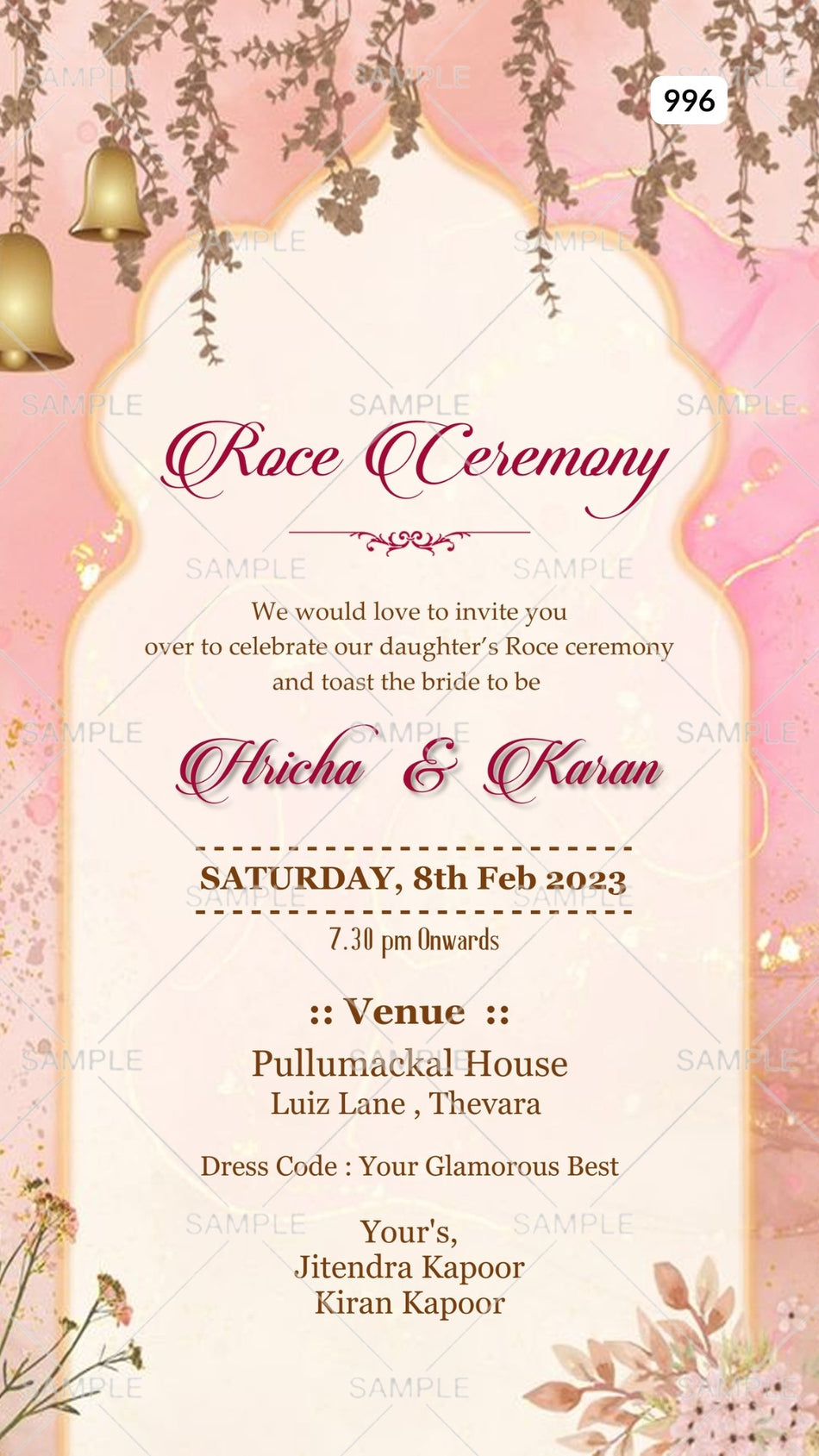 Roce ceremony invitation card Canva Editable Template in english language with bells, leaves as arch frame theme design 996