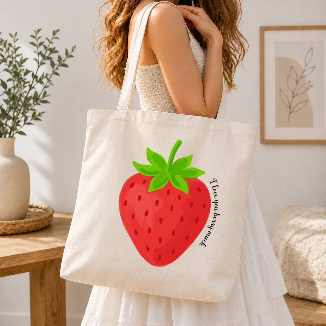 Person holding a tote bag with a strawberry design in a home setting