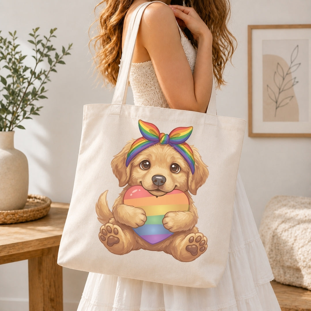 Person holding a tote bag with a dog illustration wearing a rainbow headband and holding a rainbow heart.