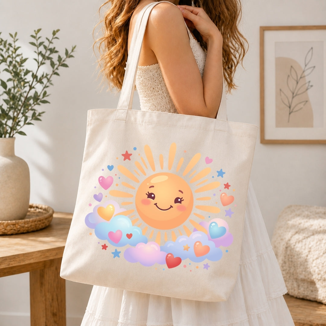 Person holding a tote bag with a sun and heart design in a home setting