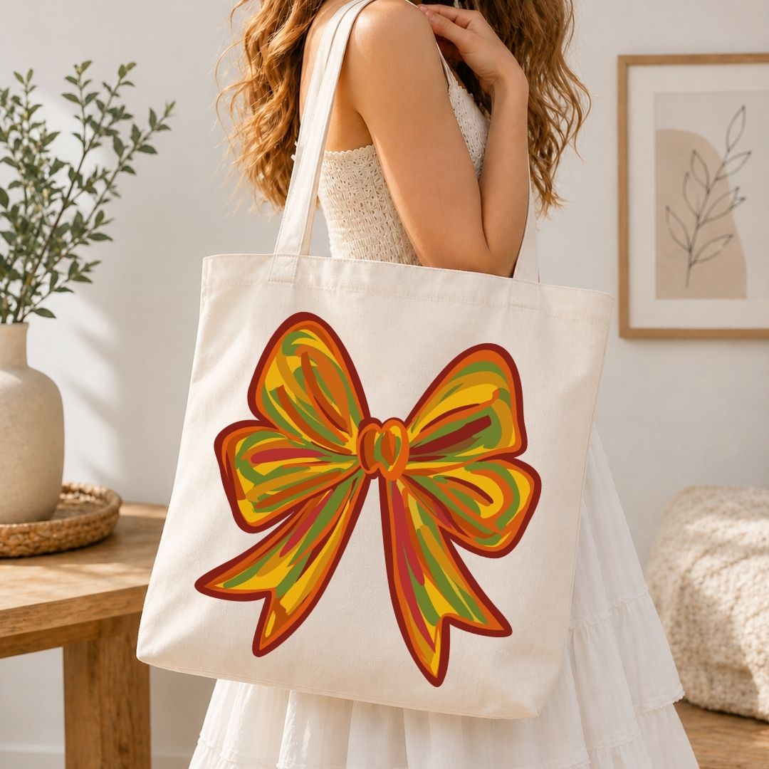 Person holding a tote bag with a colorful bow design in a home setting