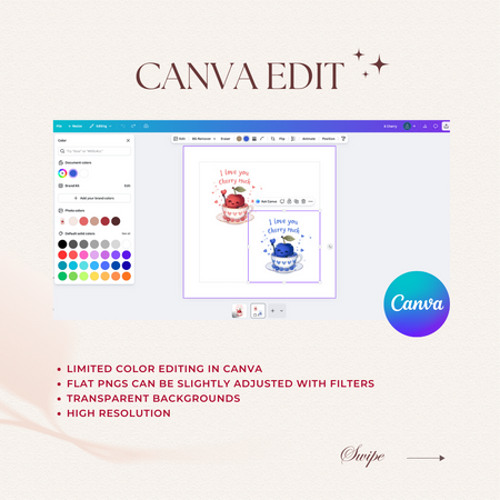 Canva editing software interface with color palette and design preview on a light background.