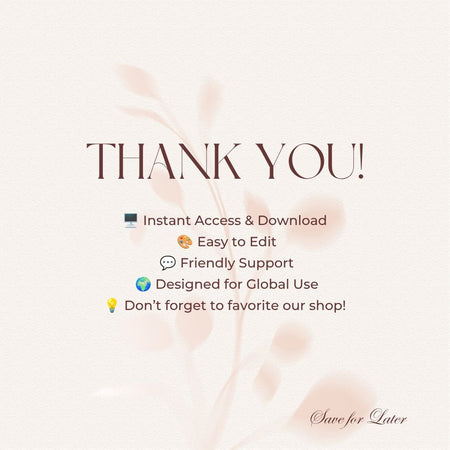 Thank you card graphic for digital downloads with bullet points for instant access, easy editing, friendly support, and a request to favorite the shop.