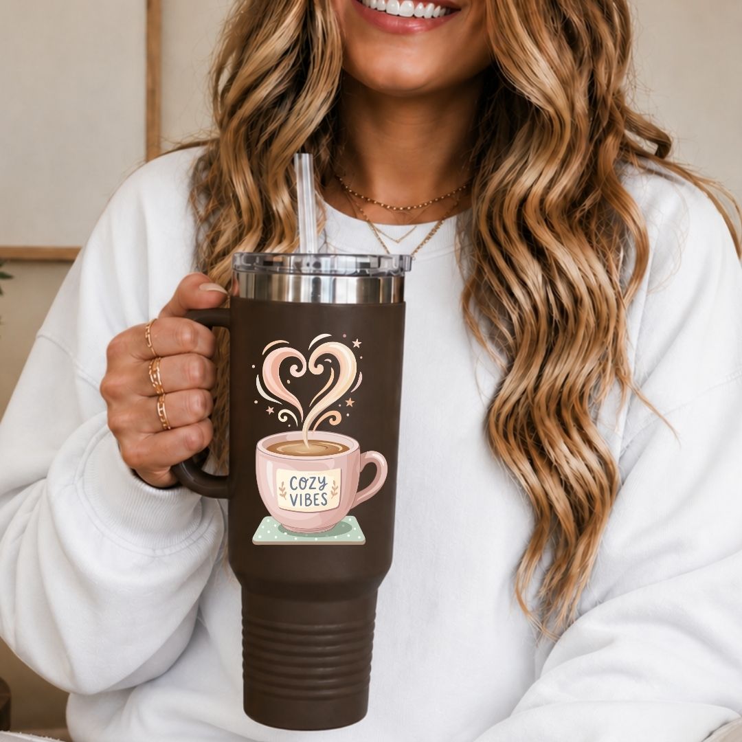 Person holding a brown tumbler with a coffee-themed design and text.