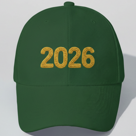 Green cap with '2026' embroidered in yellow on a light gray background