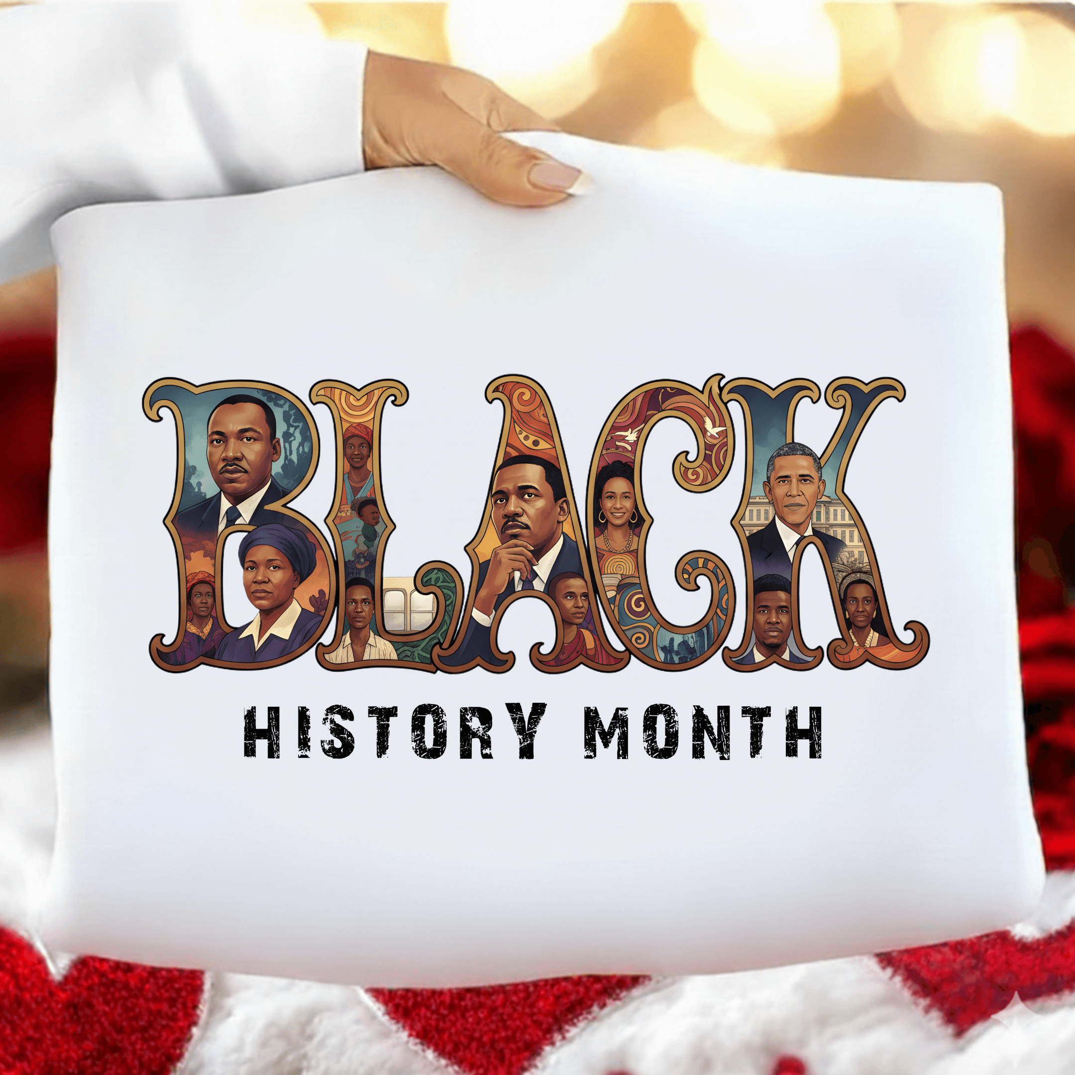 White pillow with 'Black History Month' design featuring portraits and text, held by a person against a blurred background.