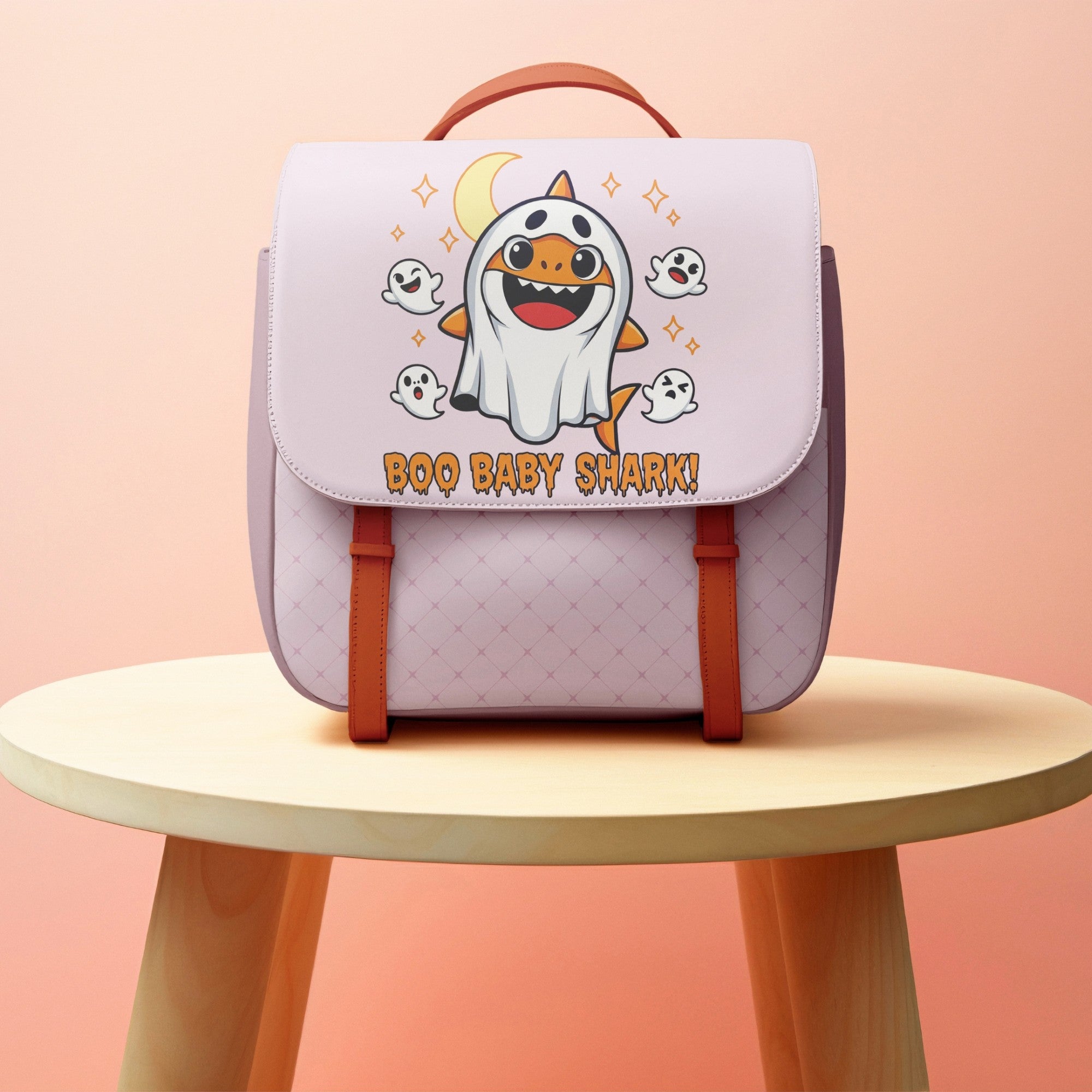 Baby Shark Halloween PNG Bundle Backpack with cartoon design on a pink background