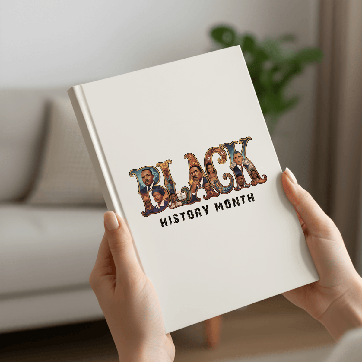 Book with 'Black History Month' design held by hands against a blurred indoor background
