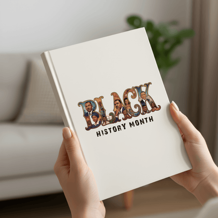 Book with 'Black History Month' design held by hands against a blurred indoor background