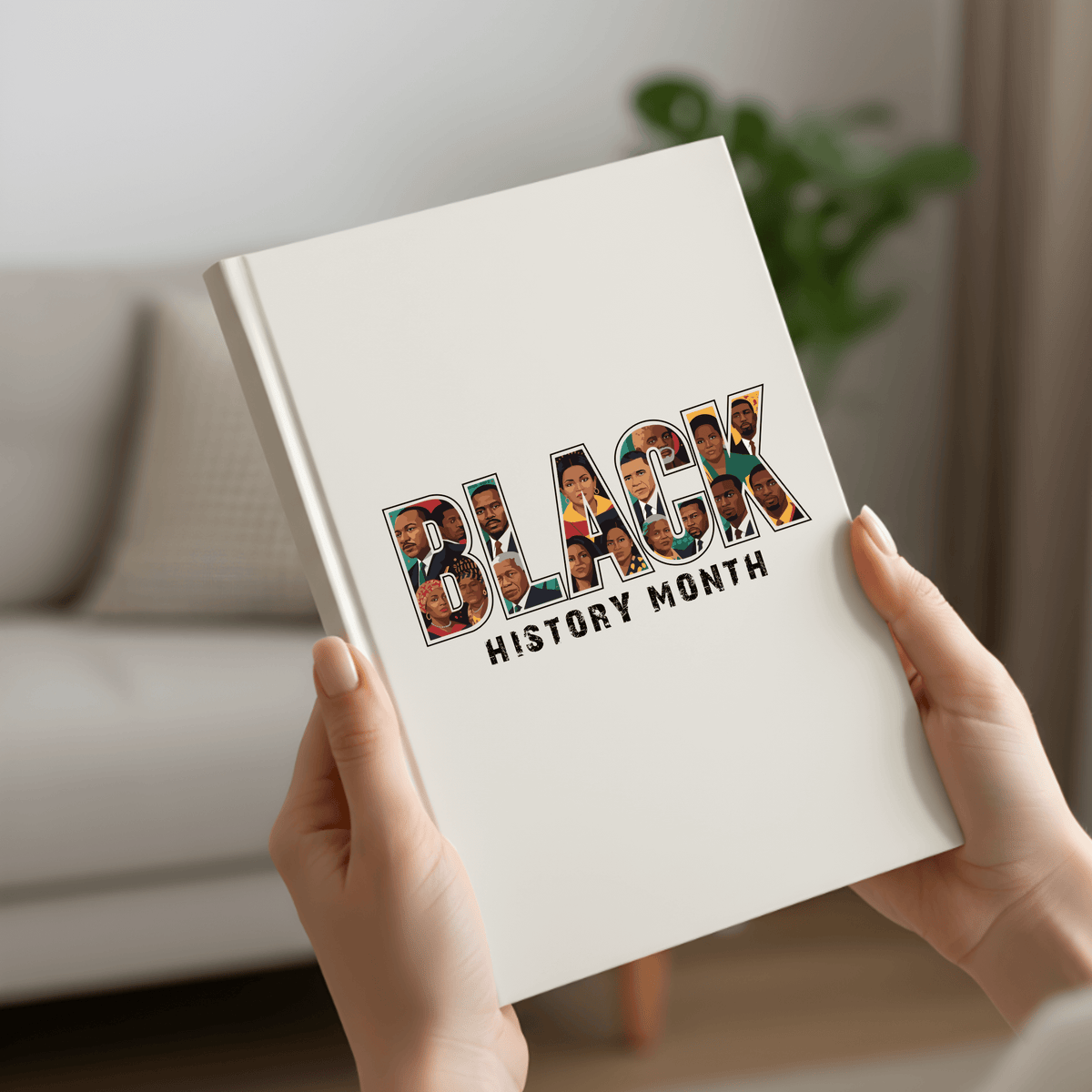 Book with 'Black History Month' design held by hands in a home setting