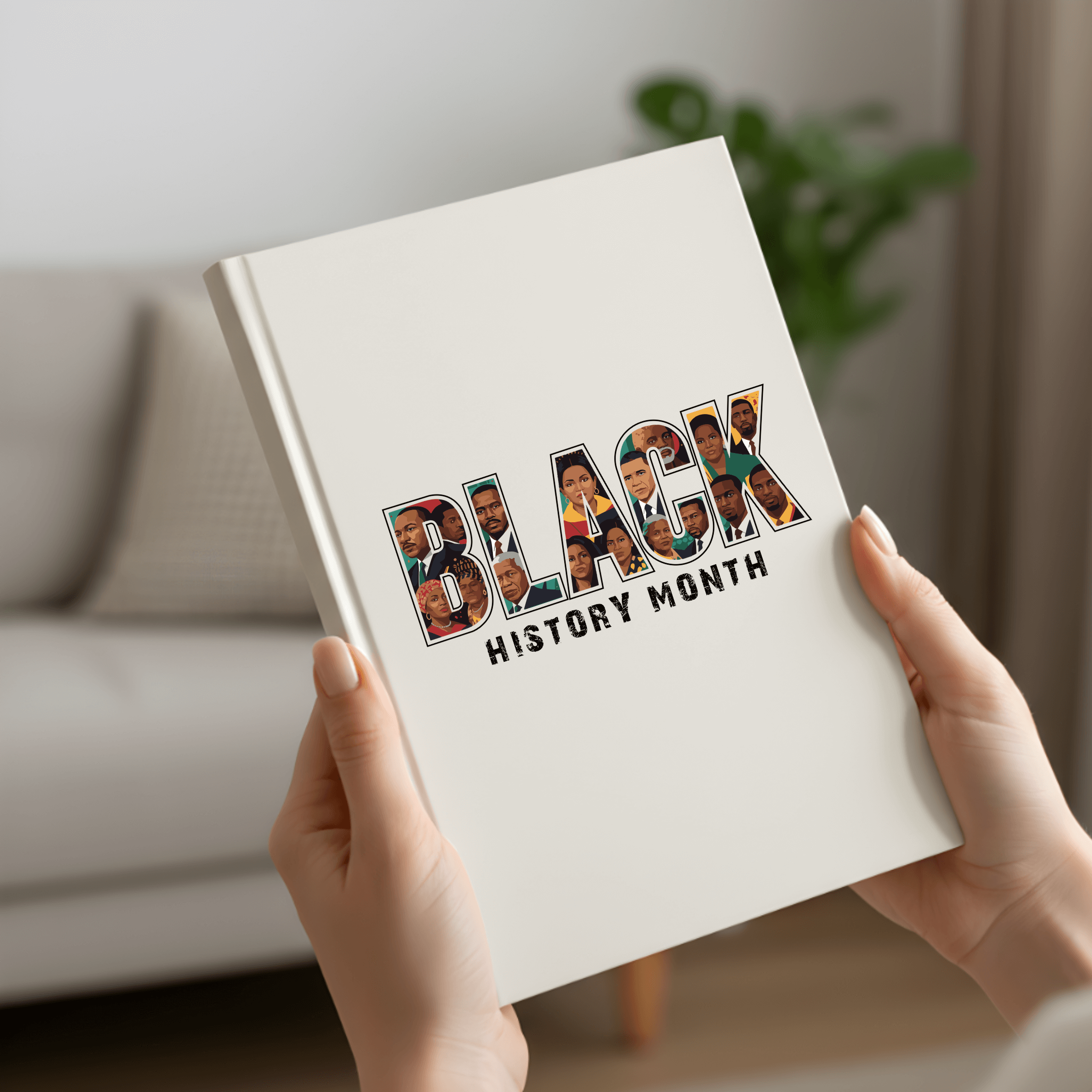 Book with 'Black History Month' design held by hands in a home setting