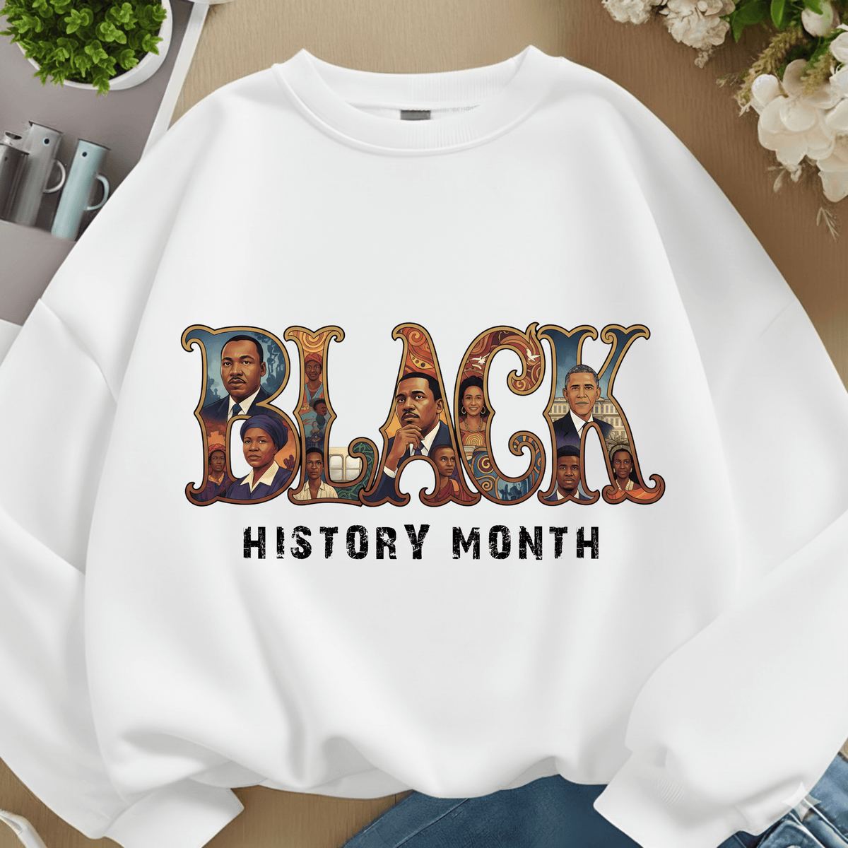 White sweatshirt with 'Black History Month' design featuring portraits of influential figures on a neutral background.