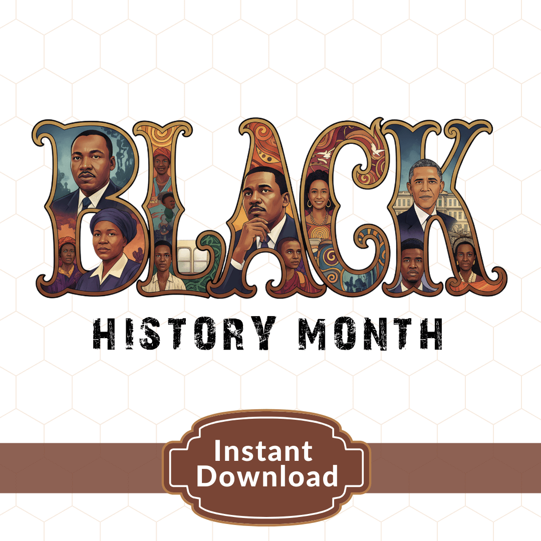 Decorative graphic for Black History Month with portraits and text on a white background