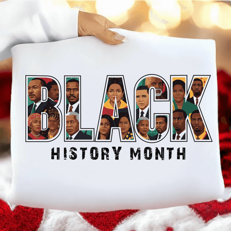White pillow with 'Black History Month' design featuring portraits on a red and gold background