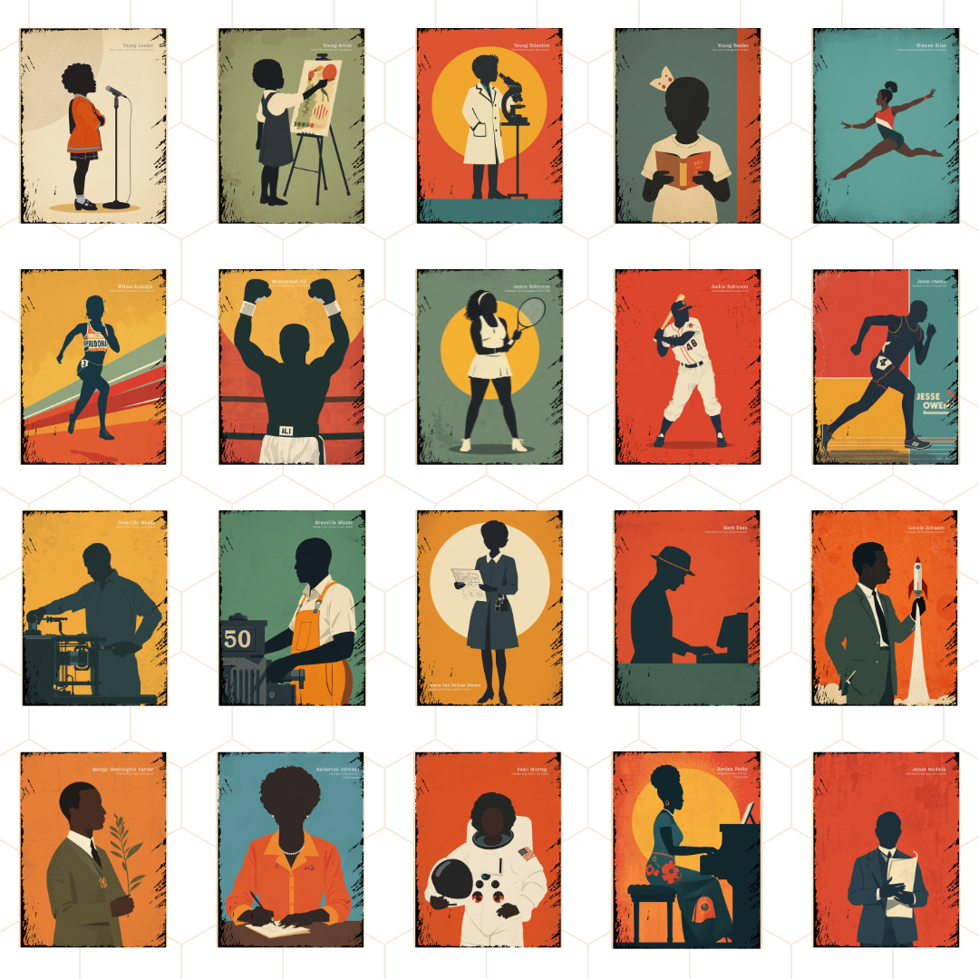 Grid of 16 colorful posters featuring silhouettes of people in various professions and activities.