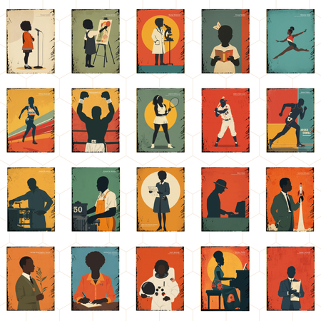 Grid of 16 colorful posters featuring silhouettes of people in various professions and activities.