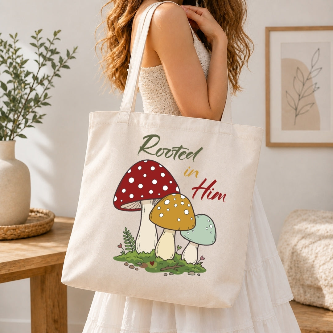 Person holding a tote bag with mushroom design and 'Rooted in Him' text in a home setting.