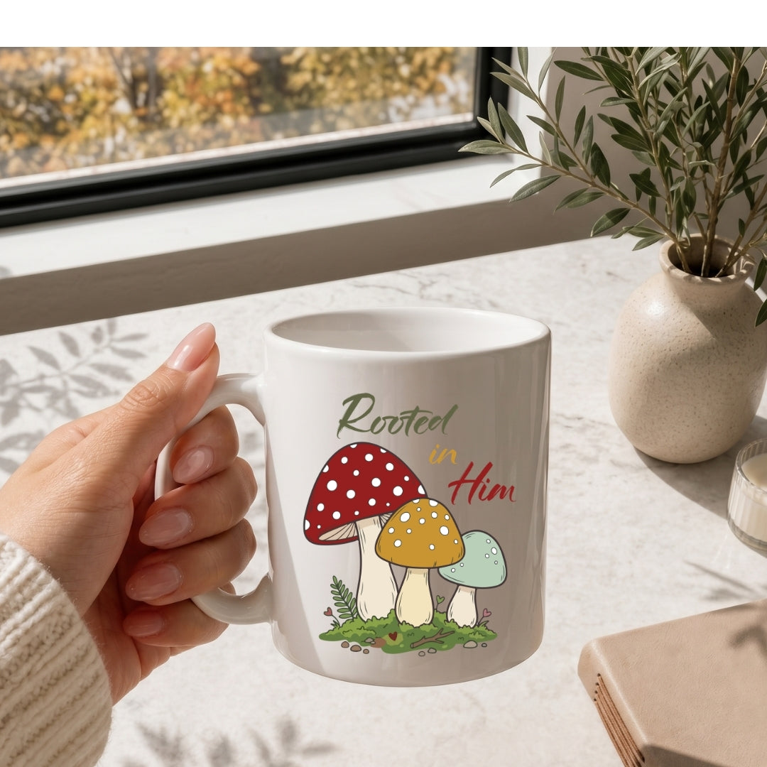 White mug with mushroom design and text held by a hand on a table with a window and plant in the background.