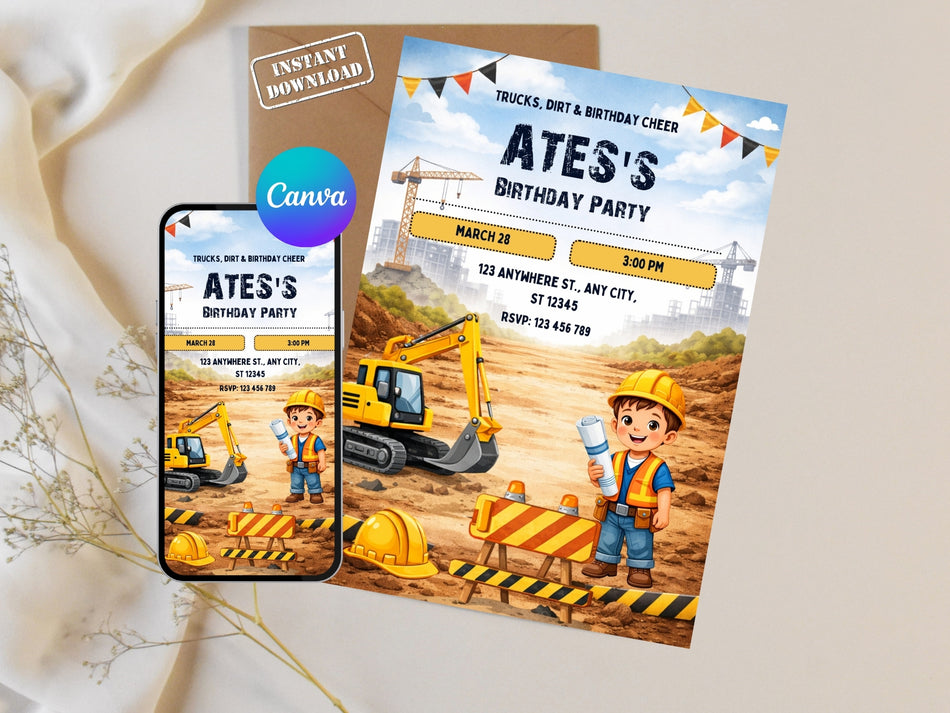 Construction Birthday Template Canva Editable, Truck Birthday Invite, Digger Excavator Theme Kids Invite Printable Instant Download A 1298
