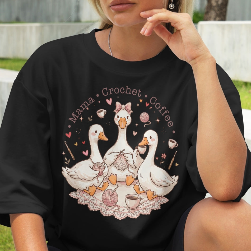 Crochet Mama Shirt Design PNG, Cute Goose Crochet Clipart, Coffee Lover Graphic, Knitting Mom Sublimation, Cozy Craft Aesthetic Download  A1538