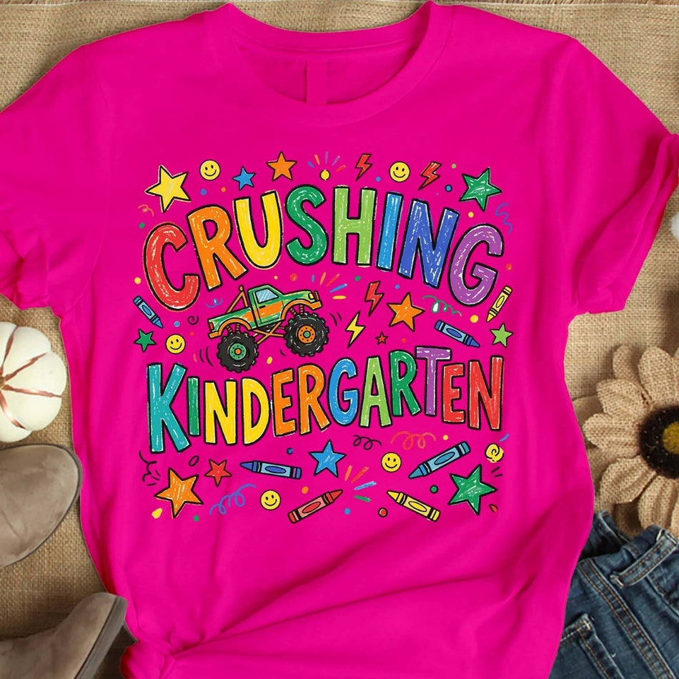 Crushing Kindergarten PNG, Back to School Shirt Design, Cute Kids Sublimation, Monster Truck School Graphic Download, Kindergarten PNG A1574