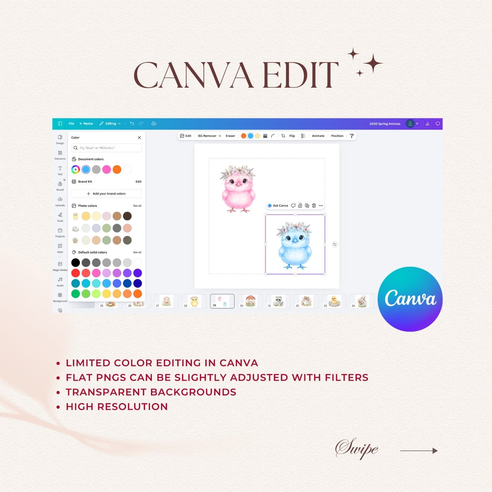 Canva editing software interface with colorful design elements on a light pink background