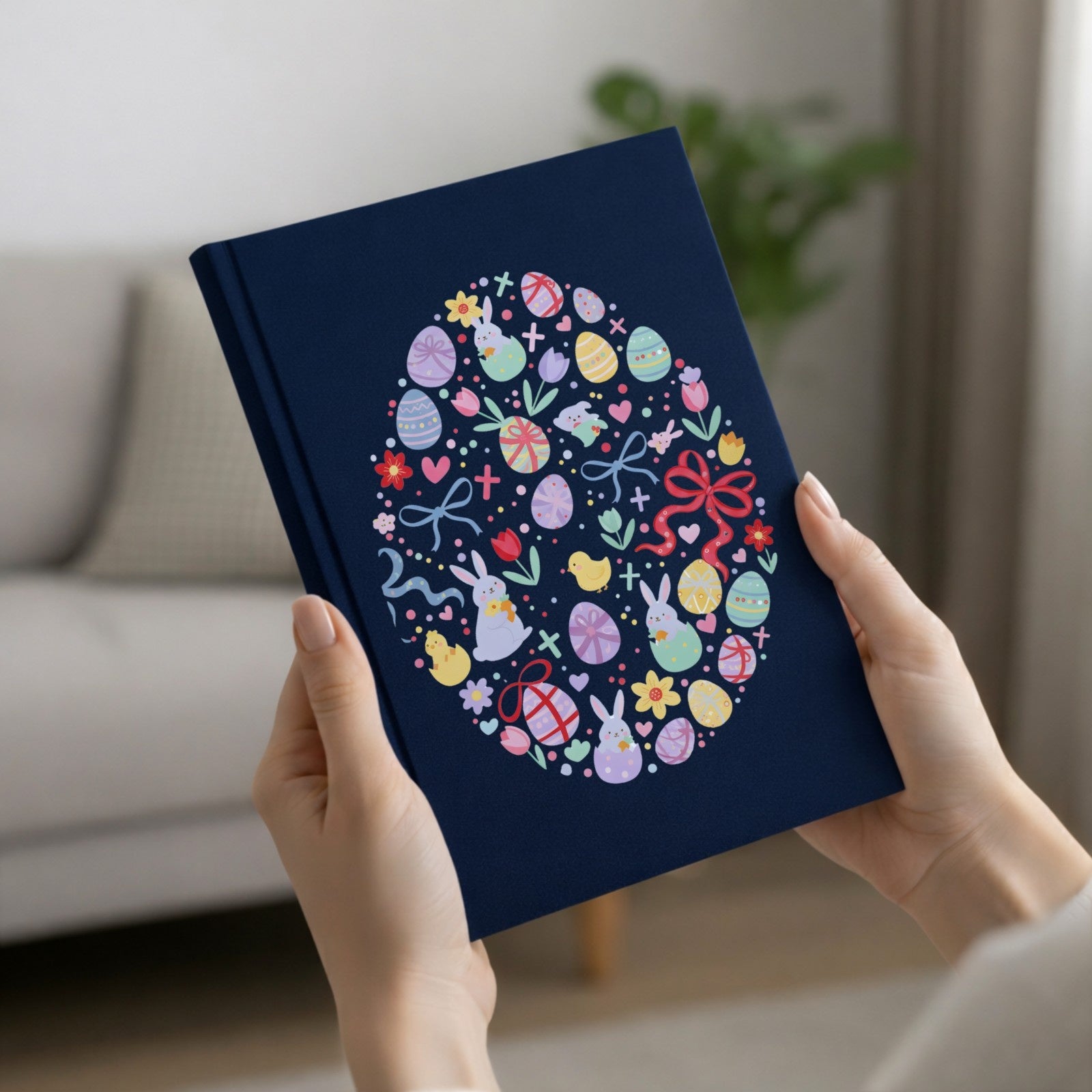 Navy blue notebook with colorful Easter design held by hands in a home setting