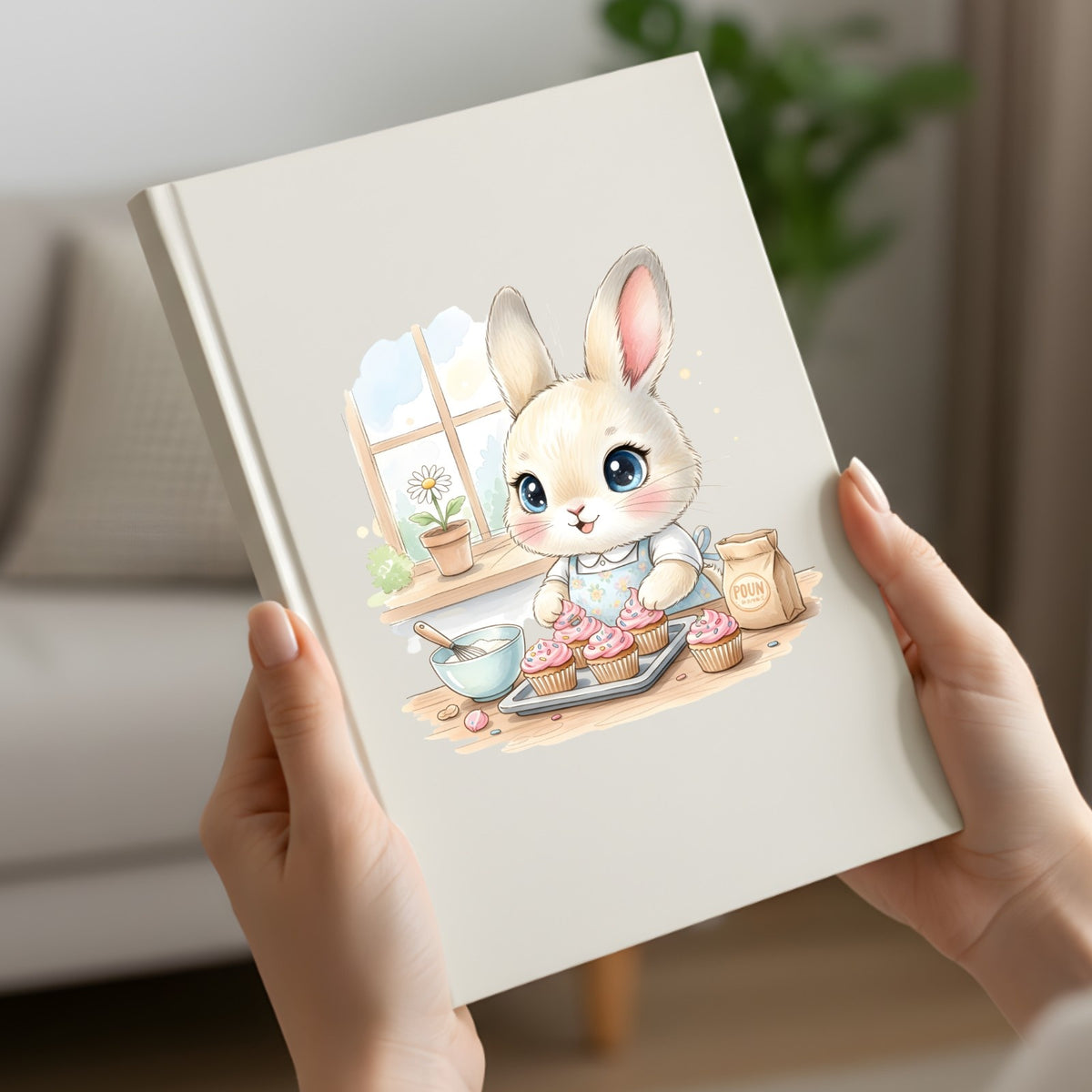 Notebook with a cute rabbit illustration holding pink cupcakes.