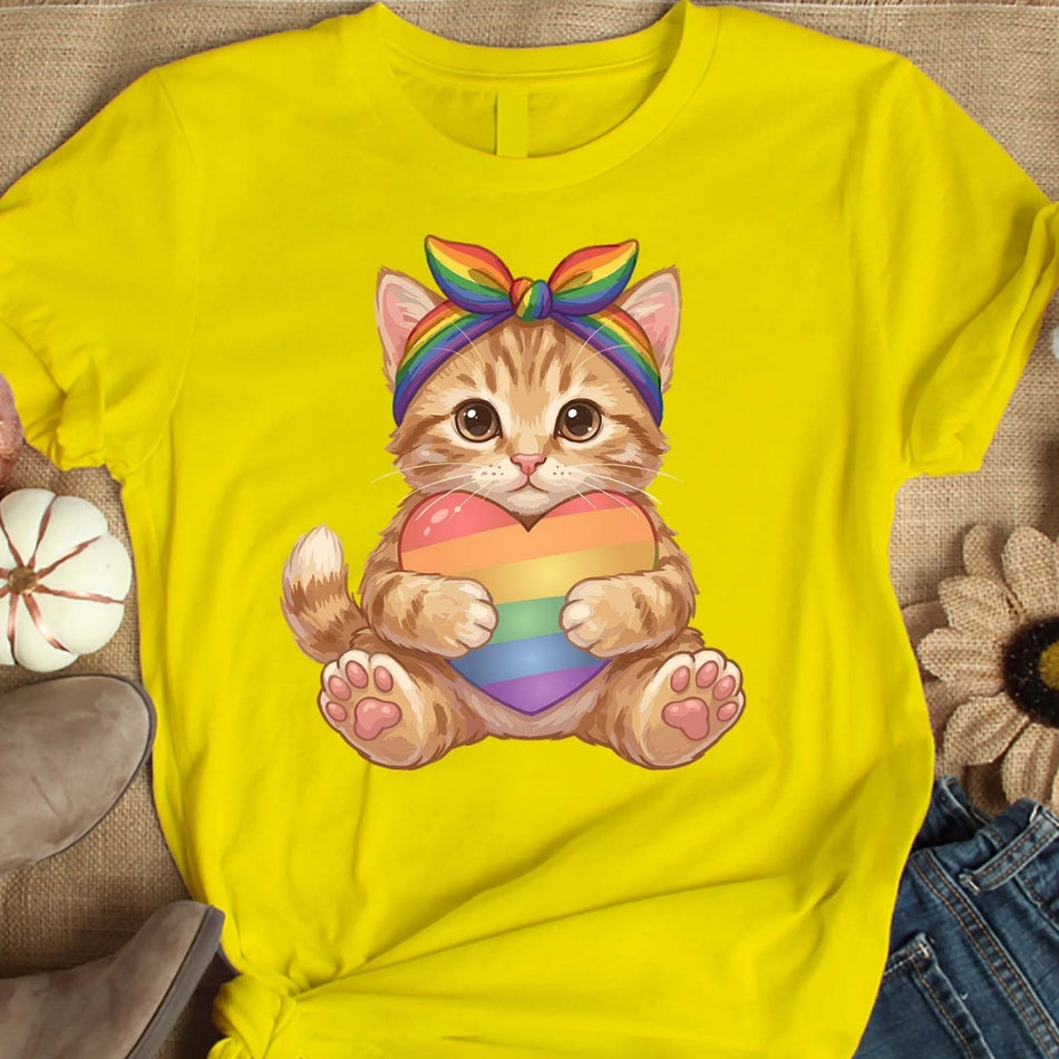 Cute Rainbow Cat PNG, Pride Cat Sublimation Design, LGBTQ Cat Shirt PNG, Kitten Holding Rainbow Heart Graphic, Printable Digital Download A 1667