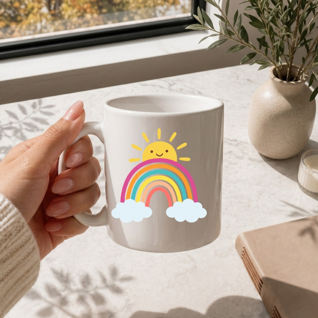 Person holding a mug with a rainbow and sun design on a table with a window and plant in the background.