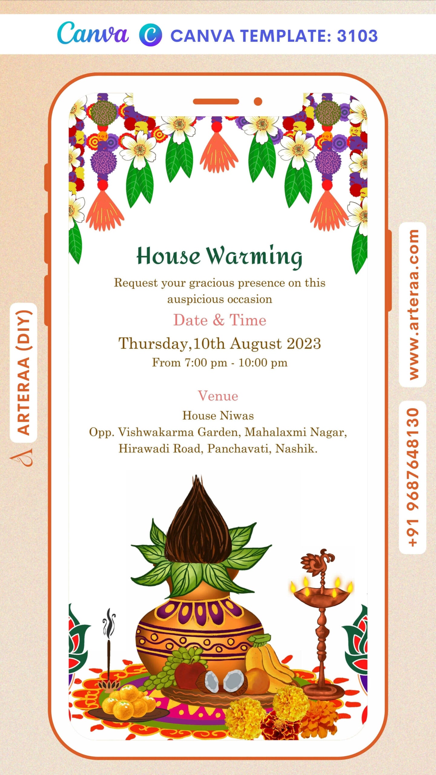 Digital House Warming Invitation Of Indian Family In English Language With Floral Theme Canva Editable Template design no - 3103