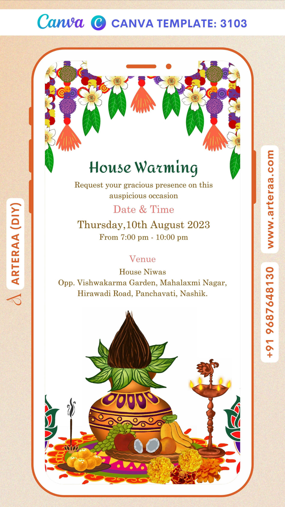 Digital House Warming Invitation Of Indian Family In English Language With Floral Theme Canva Editable Template design no - 3103