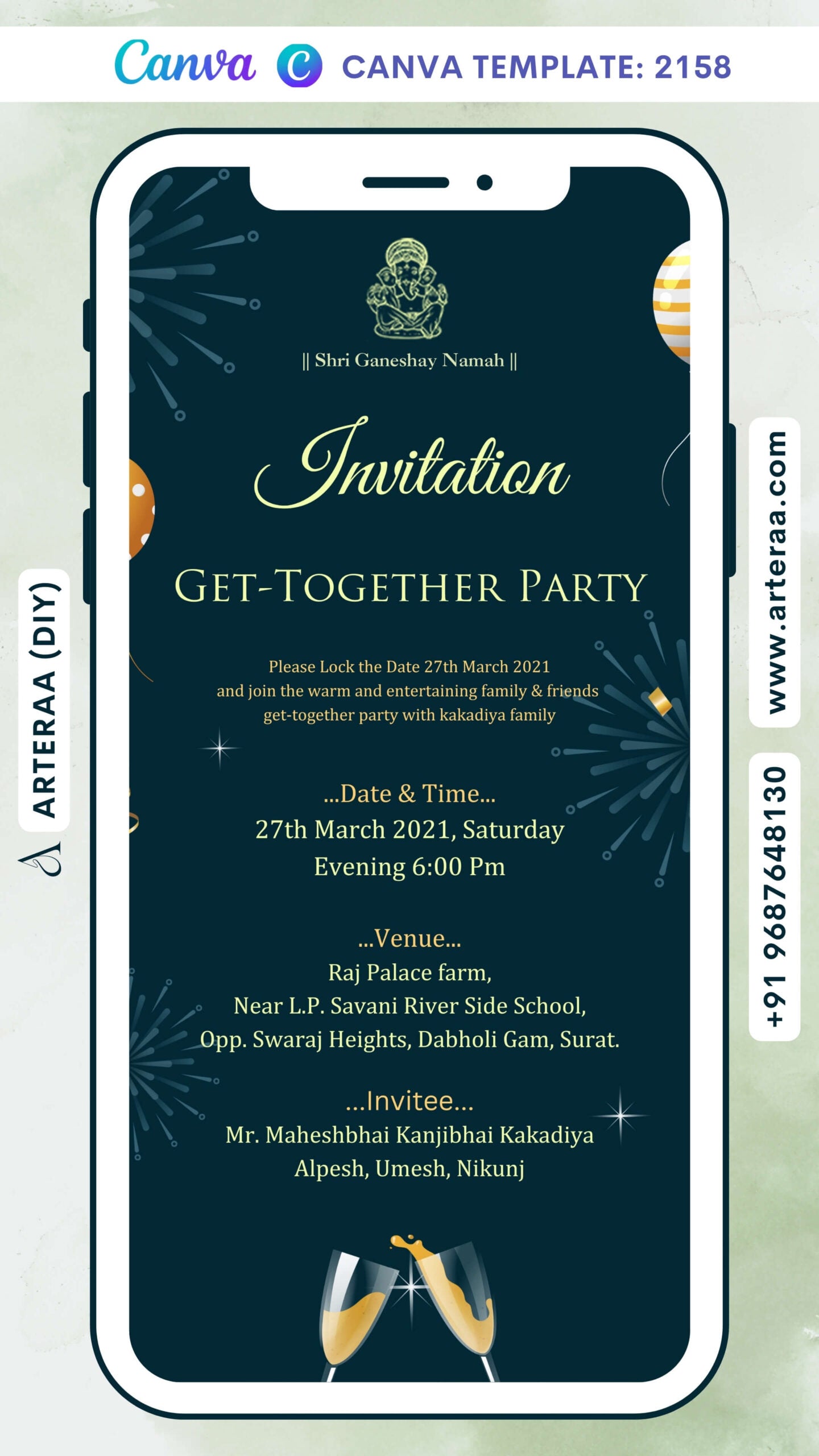 Get Together Party invitation card Canva Editable Template in english language with crackers, champagne glass as balloons theme design 2158