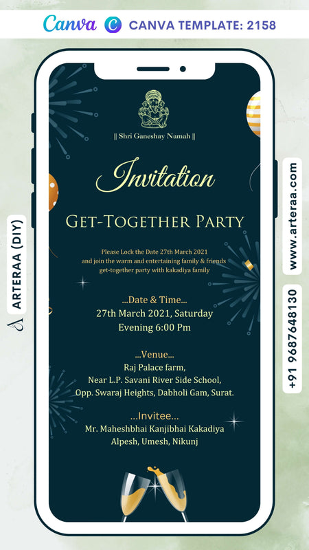 Get Together Party invitation card Canva Editable Template in english language with crackers, champagne glass as balloons theme design 2158