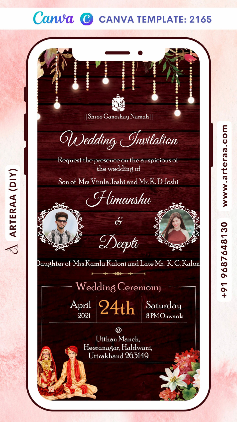 Wedding ceremony invitation card Canva Editable Template of hindu north indian family in english language with wooden couple pohoto theme design 2165