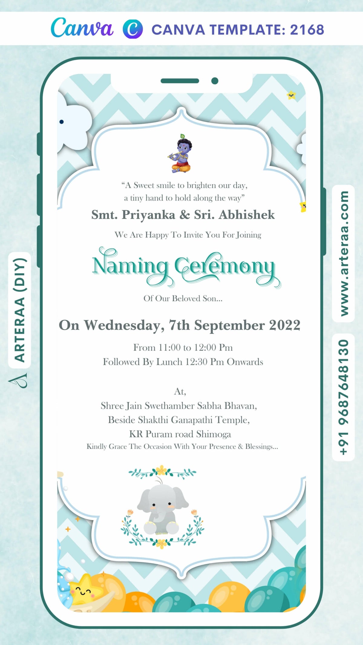 Digital Naming Ceremony Invitation of South Indian Family in English Language With Vintage Theme Canva Editable Video Template Design No. 2168