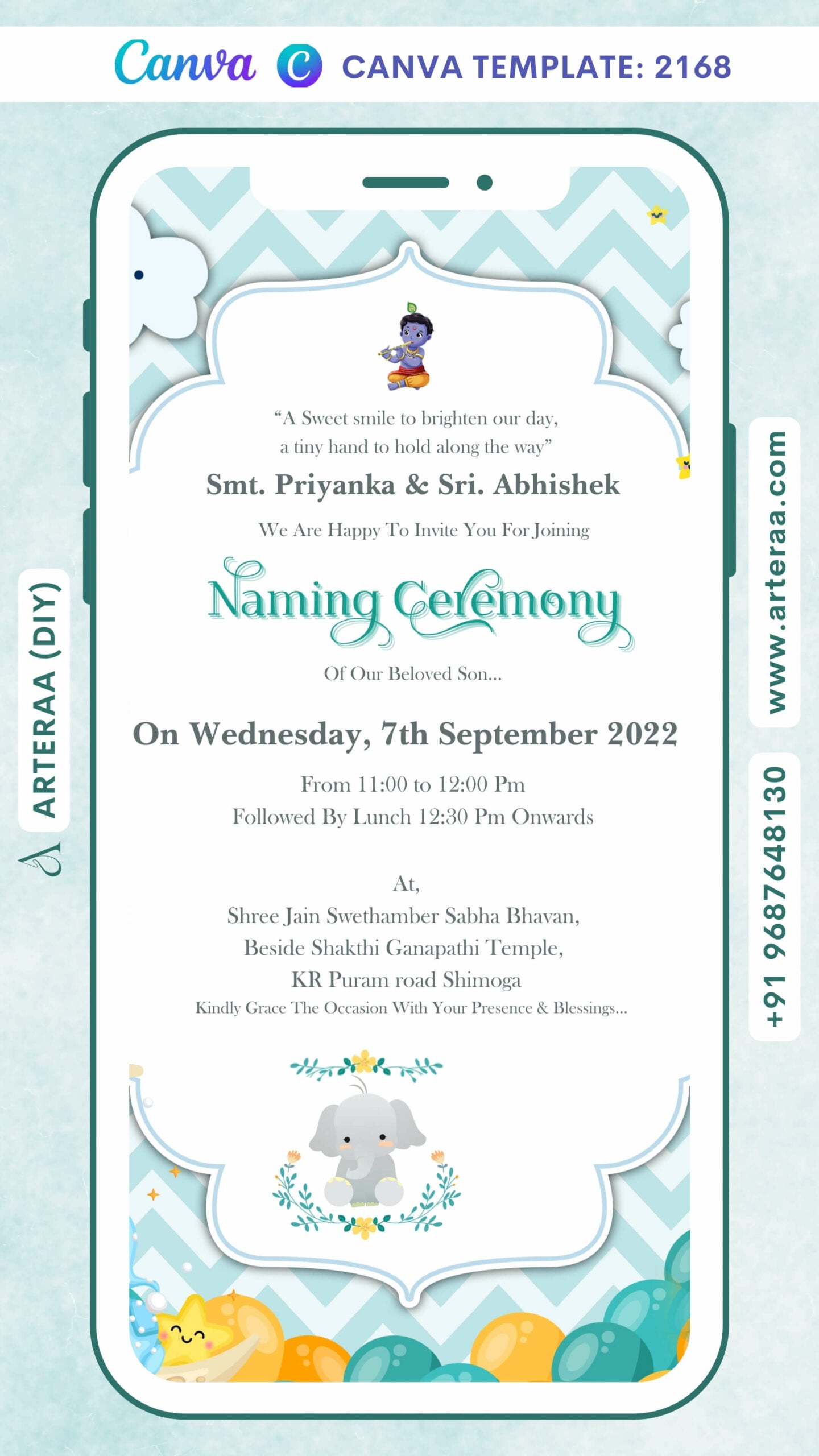 Digital Naming Ceremony Invitation of South Indian Family in English Language With Vintage Theme Canva Editable Video Template Design No. 2168