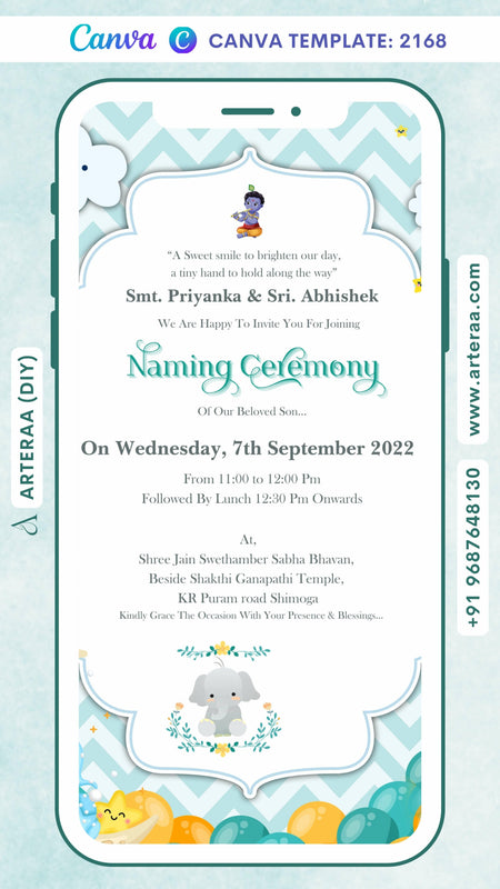 Digital Naming Ceremony Invitation of South Indian Family in English Language With Vintage Theme Canva Editable Video Template Design No. 2168