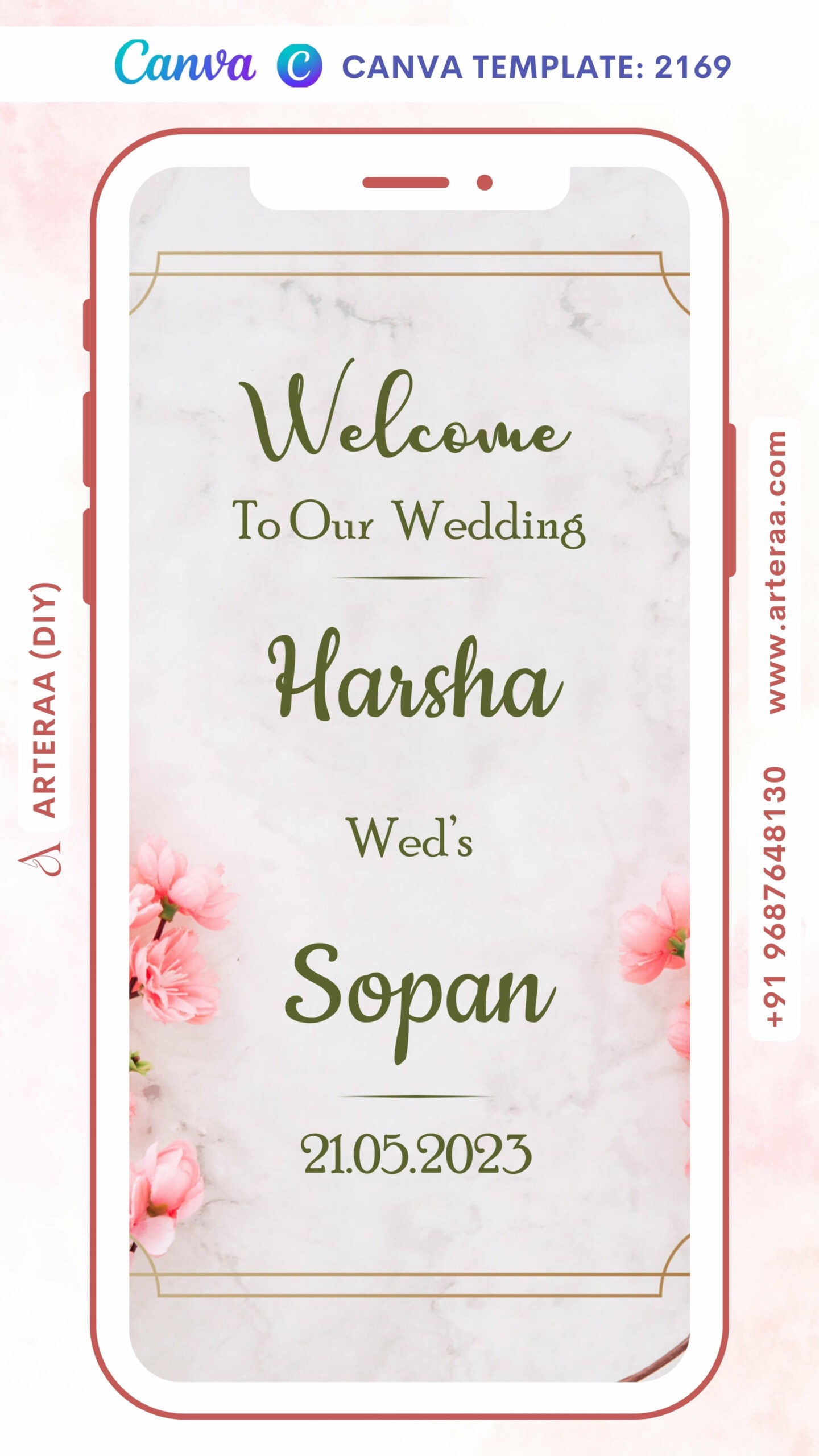 Digital Wedding Ceremony Invitation Of Indian Famliy In English Language With Floral Theme Canva Editable Template design no - 2169